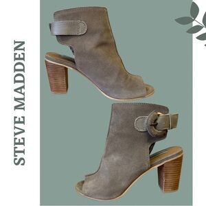 Steve Madden Catlyna Leather Peep Toe Block Heel Sandal Bootie Buckle Tan Size 8